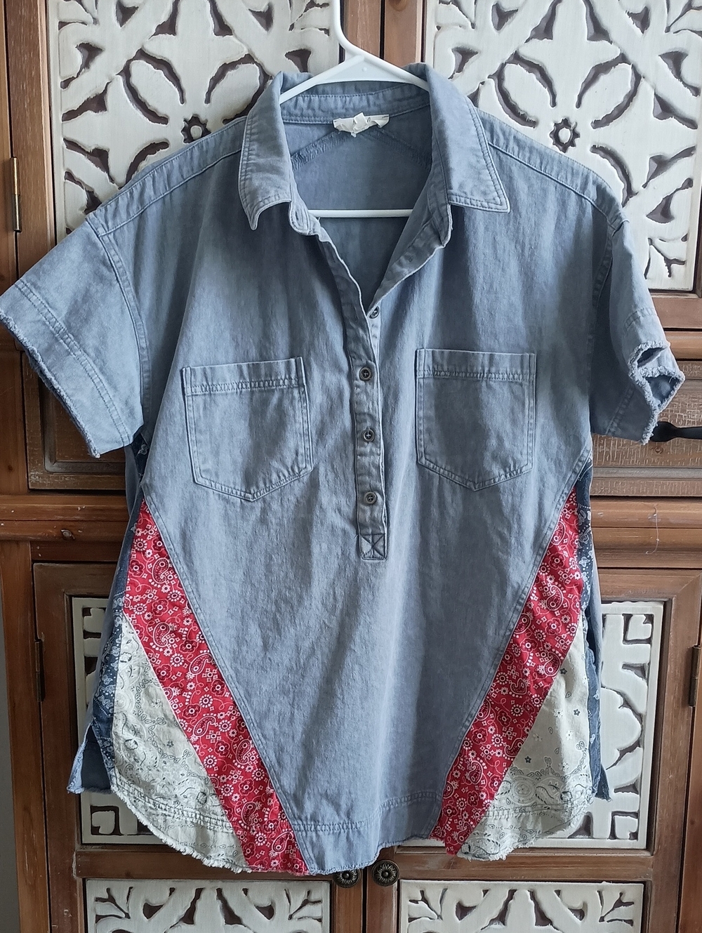 Light Denim Short Sleeve Top with Red Bandana Insets
